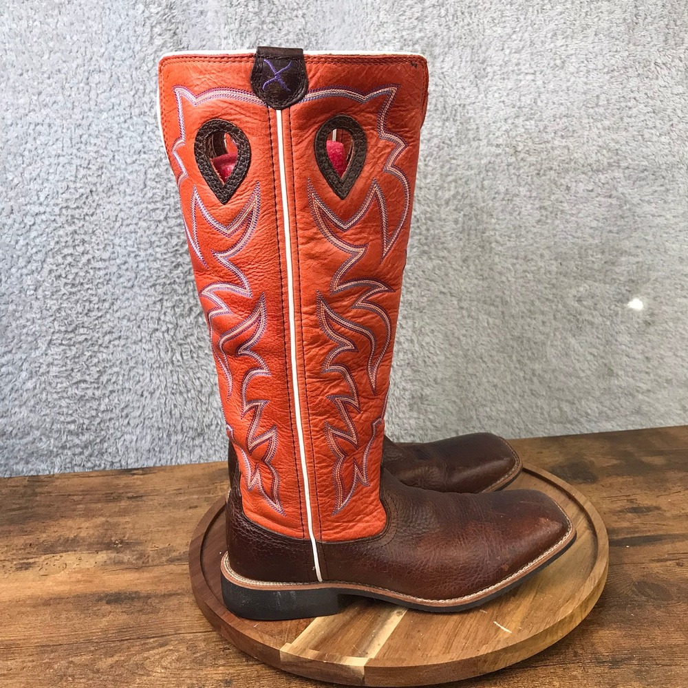 Twisted X Western Buckaroo Boots Kids 4M Orange Brown Leather Square Toe Cowboy